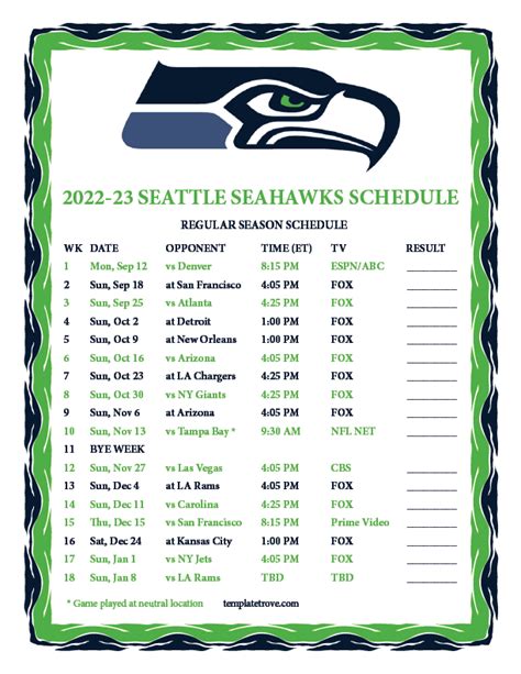 Seahawks Schedule 2022 23 Printable